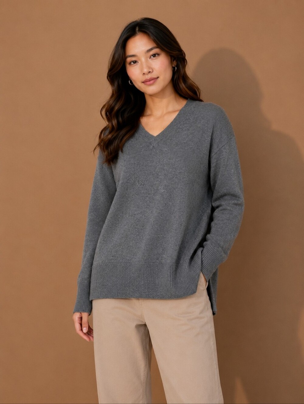 Maison Jules Womens Gray V-Neck High-Low Tunic Sweater Medium